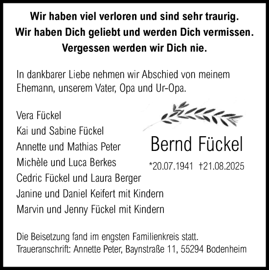 Traueranzeige von Bernd Fückel von Allgemeine Zeitung Mainz