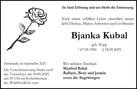 Traueranzeige von Bjanka Kubal von Darmstädter Echo