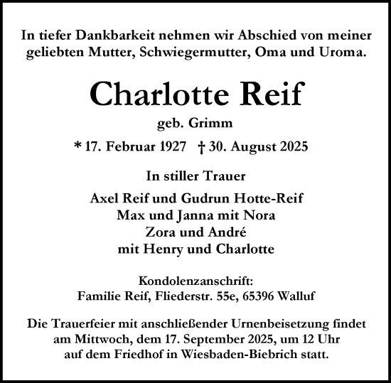 Traueranzeige von Charlotte Reif von Wiesbadener Kurier