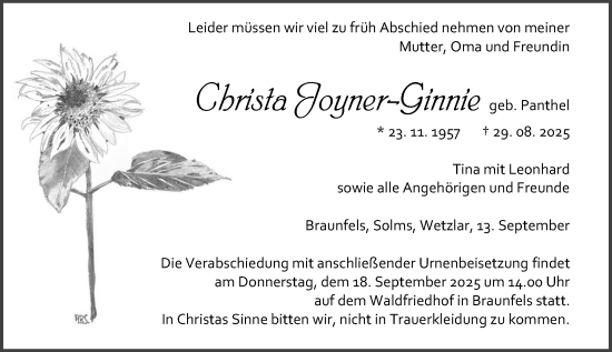 Traueranzeige von Christa Joyner-Ginnie von Wetzlarer Neue Zeitung