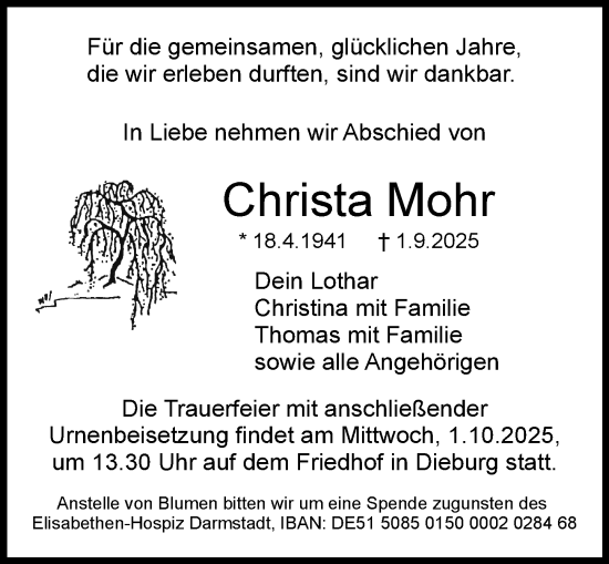 Traueranzeige von Christa Mohr von Dieburger Anzeiger/Groß-Zimmerner Lokal-Anzeiger