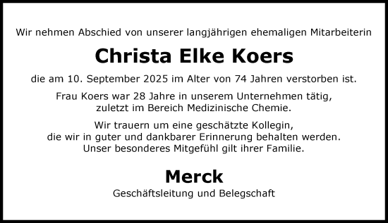 Traueranzeige von Christa Elke Koers von Darmstädter Echo