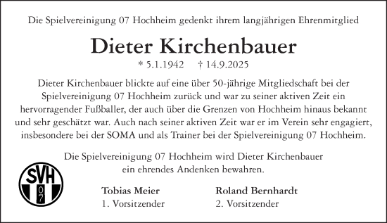 Traueranzeige von Dieter Kirchenbauer von Hochheimer Zeitung