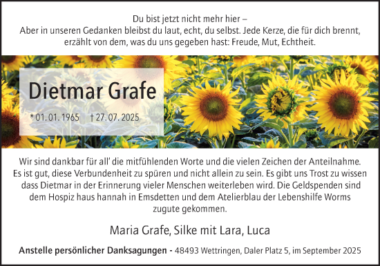 Traueranzeige von Dietmar Grafe von Wormser Zeitung