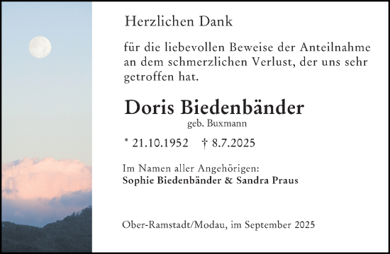 Traueranzeige von Doris Biedenbänder von Darmstädter Echo