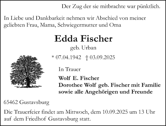 Traueranzeige von Edda Fischer von Allgemeine Zeitung Mainz