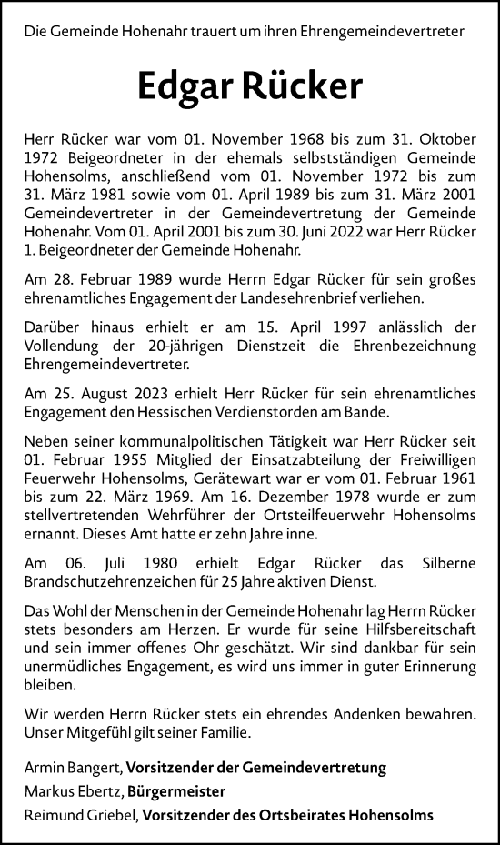 Traueranzeige von Edgar Rücker von Wetzlarer Neue Zeitung