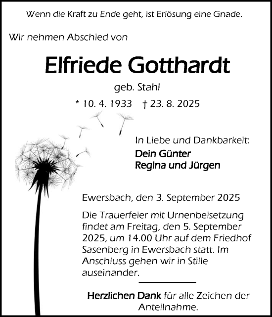 Traueranzeige von Elfriede Gotthardt von Dill Block