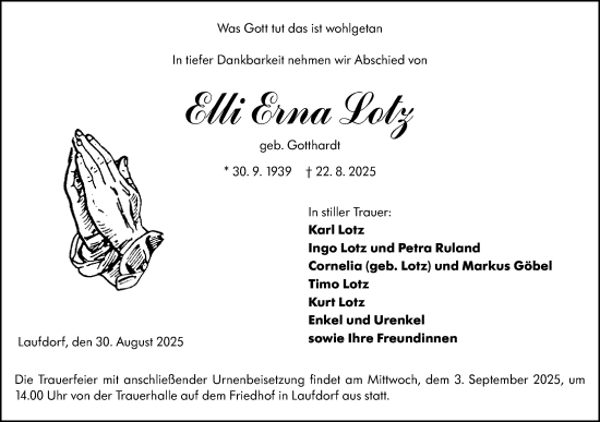 Traueranzeige von Elli Erna Lotz von Wetzlarer Neue Zeitung
