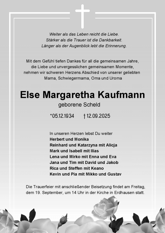 Traueranzeige von Else Margaretha Kaufmann von Hinterländer Anzeiger