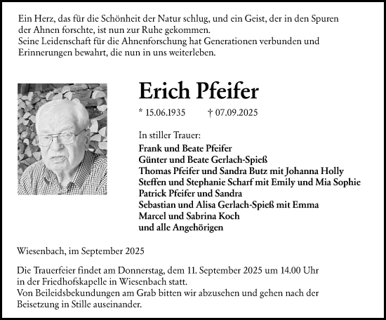 Traueranzeige von Erich Pfeifer von Hinterländer Anzeiger