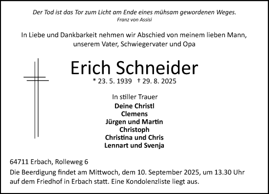 Traueranzeige von Erich Schneider von Odenwälder Echo