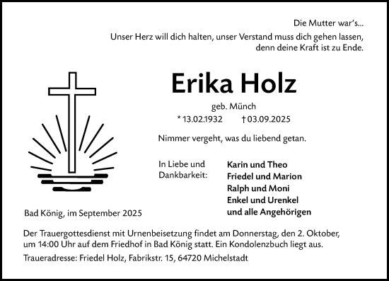 Traueranzeige von Erika Holz von Odenwälder Echo