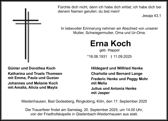 Traueranzeige von Erna Koch von Hinterländer Anzeiger