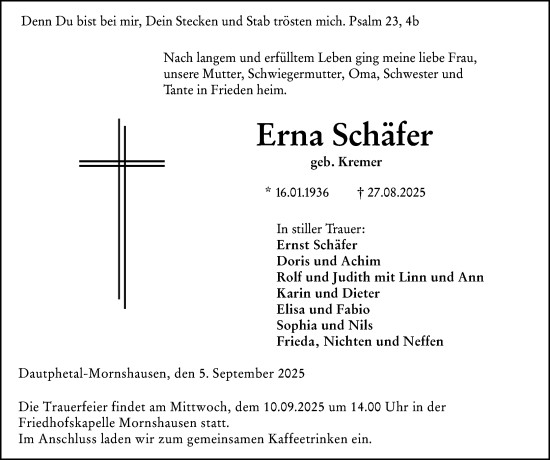 Traueranzeige von Erna Schäfer von Hinterländer Anzeiger
