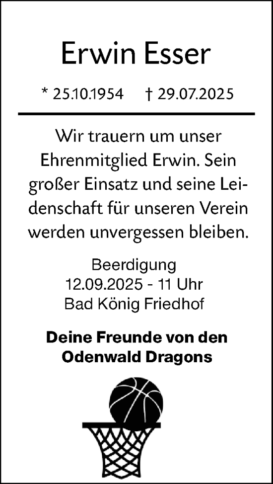 Traueranzeige von Erwin Esser von Odenwälder Echo