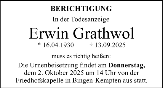 Traueranzeige von Erwin Grathwol von Allgemeine Zeitung Rheinhessen-Nahe