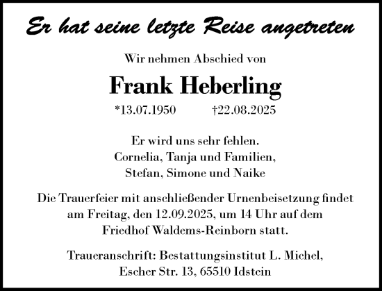 Traueranzeige von Frank Heberling von Camberger Anzeiger