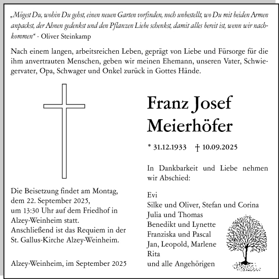 Traueranzeige von Franz Josef Meierhöfer von Allgemeine Zeitung Alzey
