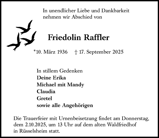 Traueranzeige von Friedolin Raffler von Rüsselsheimer Echo