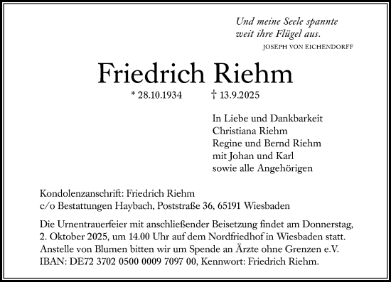 Traueranzeige von Friedrich Riehm von Wiesbadener Kurier