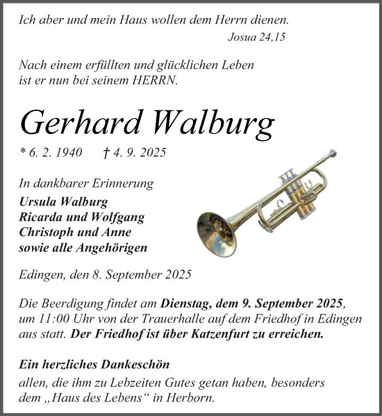 Traueranzeige von Gerhard Walburg von Hinterländer Anzeiger