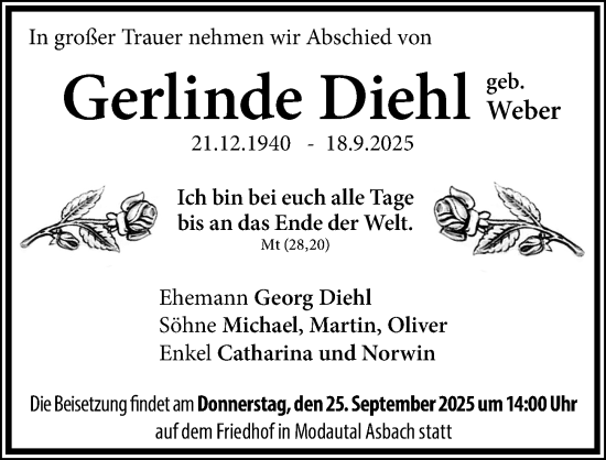 Traueranzeige von Gerlinde Diehl von Darmstädter Echo