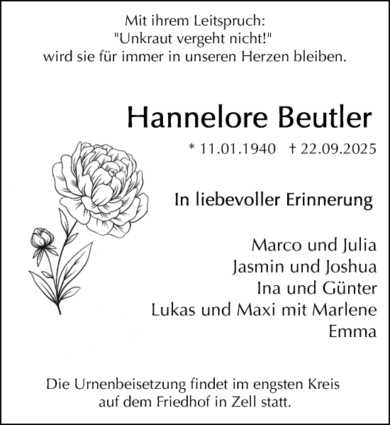 Traueranzeige von Hannelore Beutler von Odenwälder Echo