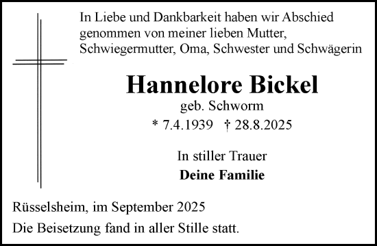 Traueranzeige von Hannelore Bickel von Rüsselsheimer Echo