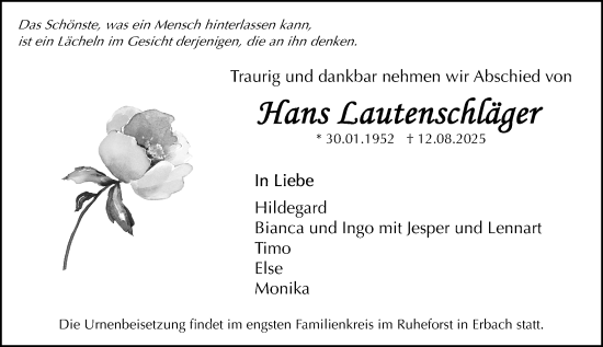 Traueranzeige von Hans Lautenschläger von Odenwälder Echo