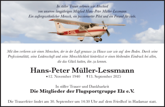 Traueranzeige von Hans-Peter Müller-Lessmann von Nassauische Neue Presse