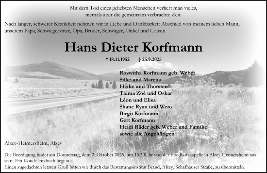 Traueranzeige von Hans Dieter Korfmann von Allgemeine Zeitung Alzey