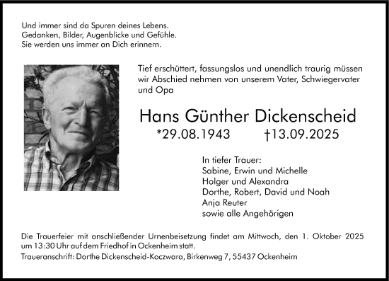 Traueranzeige von Hans Günther Dickenscheid von Allgemeine Zeitung Rheinhessen-Nahe