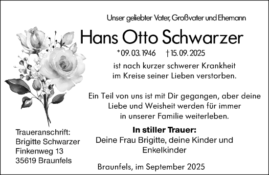 Traueranzeige von Hans Otto Schwarzer von Weilburger Tageblatt