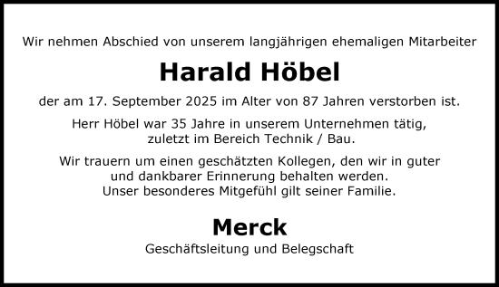 Traueranzeige von Harald Höbel von Darmstädter Echo