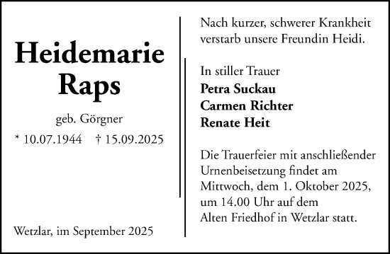 Traueranzeige von Heidemarie Raps von Wetzlarer Neue Zeitung