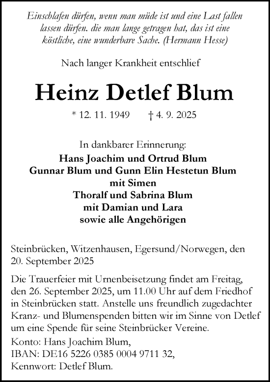 Traueranzeige von Heinz Detlef Blum von Dill Block