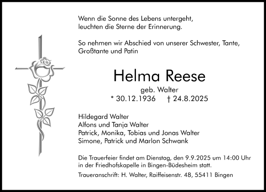Traueranzeige von Helma Reese von Allgemeine Zeitung Rheinhessen-Nahe