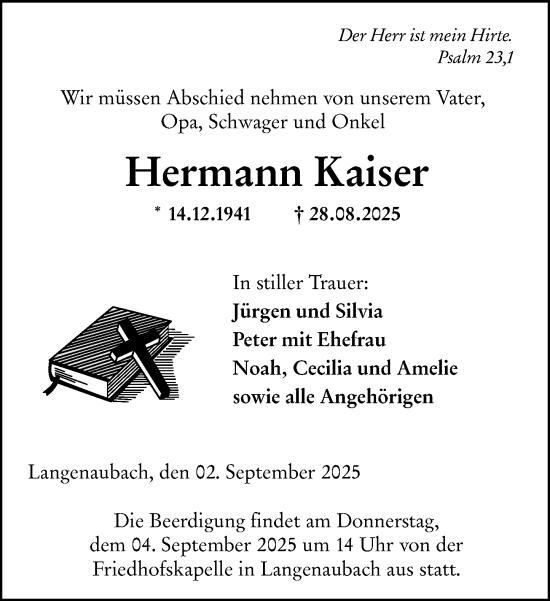 Traueranzeige von Hermann Kaiser von Dill Block