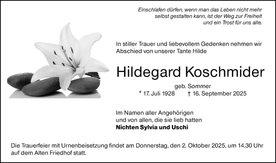 Traueranzeige von Hildegard Koschmider von Hochheimer Zeitung