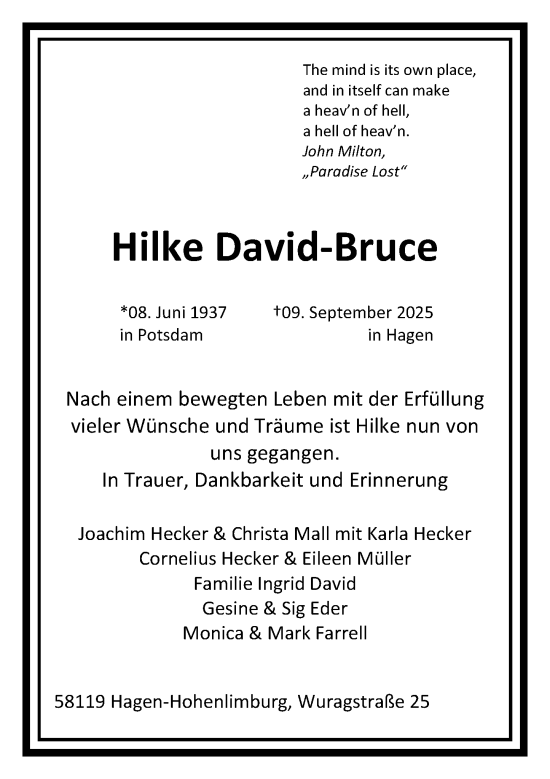 Traueranzeige von Hilke David-Bruce von Allgemeine Zeitung Mainz
