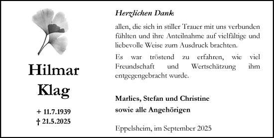 Traueranzeige von Hilmar Klag von Allgemeine Zeitung Alzey