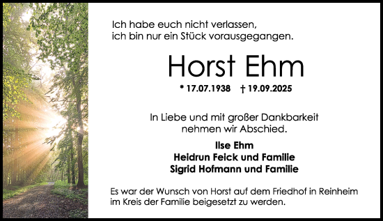 Traueranzeige von Horst Ehm von Darmstädter Echo