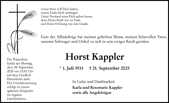 Traueranzeige von Horst Kappler von Allgemeine Zeitung Alzey