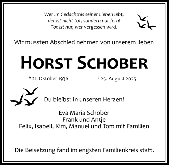 Traueranzeige von Horst Schober von Dieburger Anzeiger/Groß-Zimmerner Lokal-Anzeiger