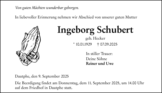 Traueranzeige von Ingeborg Schubert von Hinterländer Anzeiger