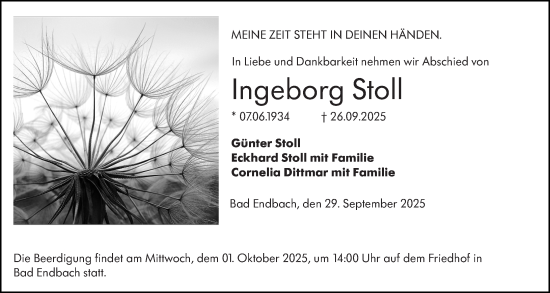Traueranzeige von Ingeborg Stoll von Hinterländer Anzeiger