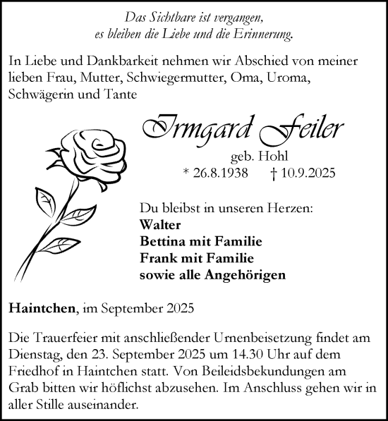 Traueranzeige von Irmgard Feiler von Camberger Anzeiger