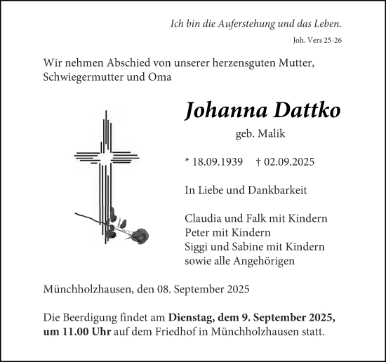 Traueranzeige von Johanna Dattko von Wetzlarer Neue Zeitung