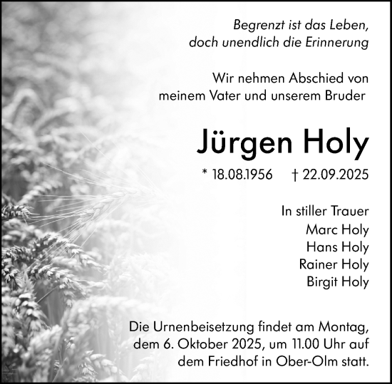 Traueranzeige von Jürgen Holy von Allgemeine Zeitung Mainz